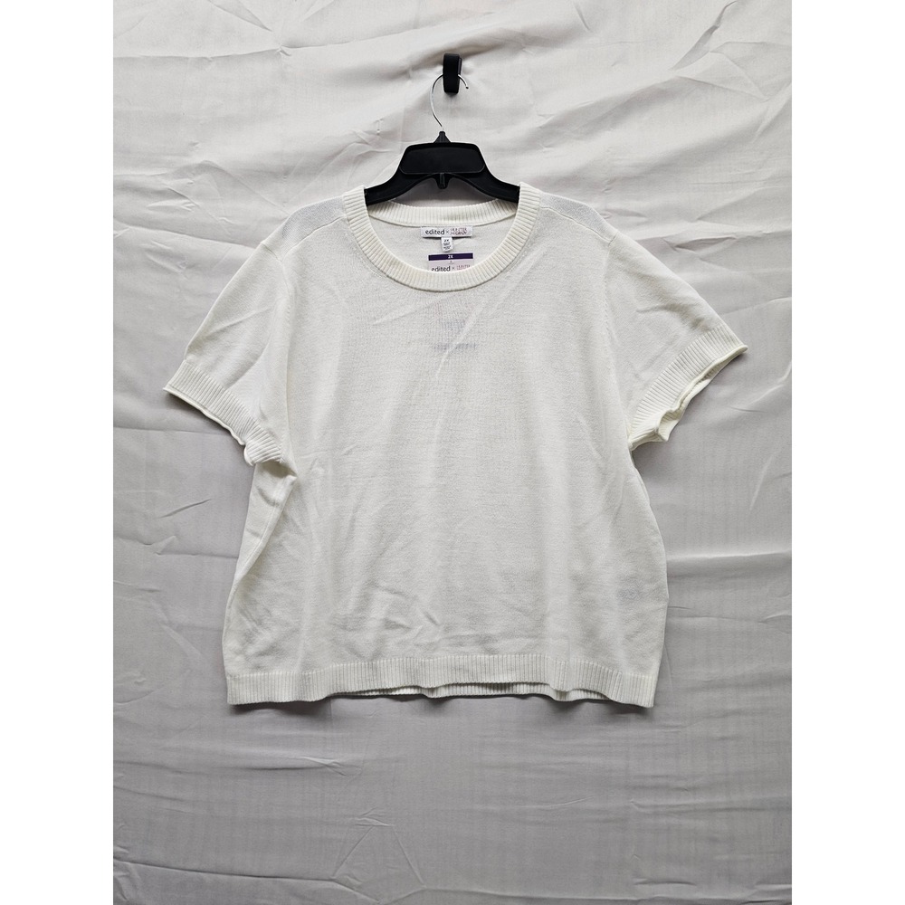 Edited x Hunter McGrady Women 2X Egret White Short Sleeve Knit Sweater 7ERW8031